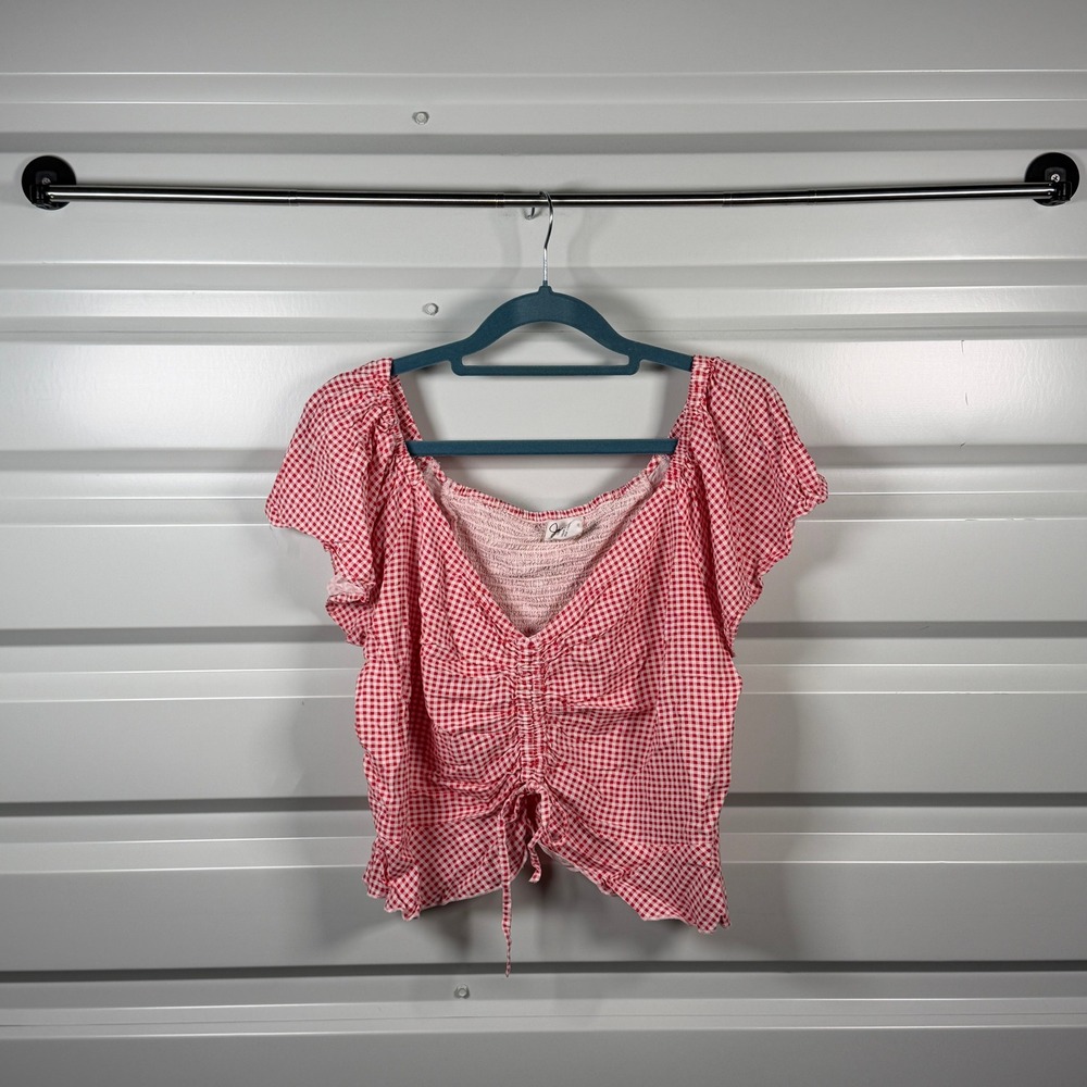 Jaxon‎ Red White Gingham Ruched Front Smocked Back Blouse Top Womens XL